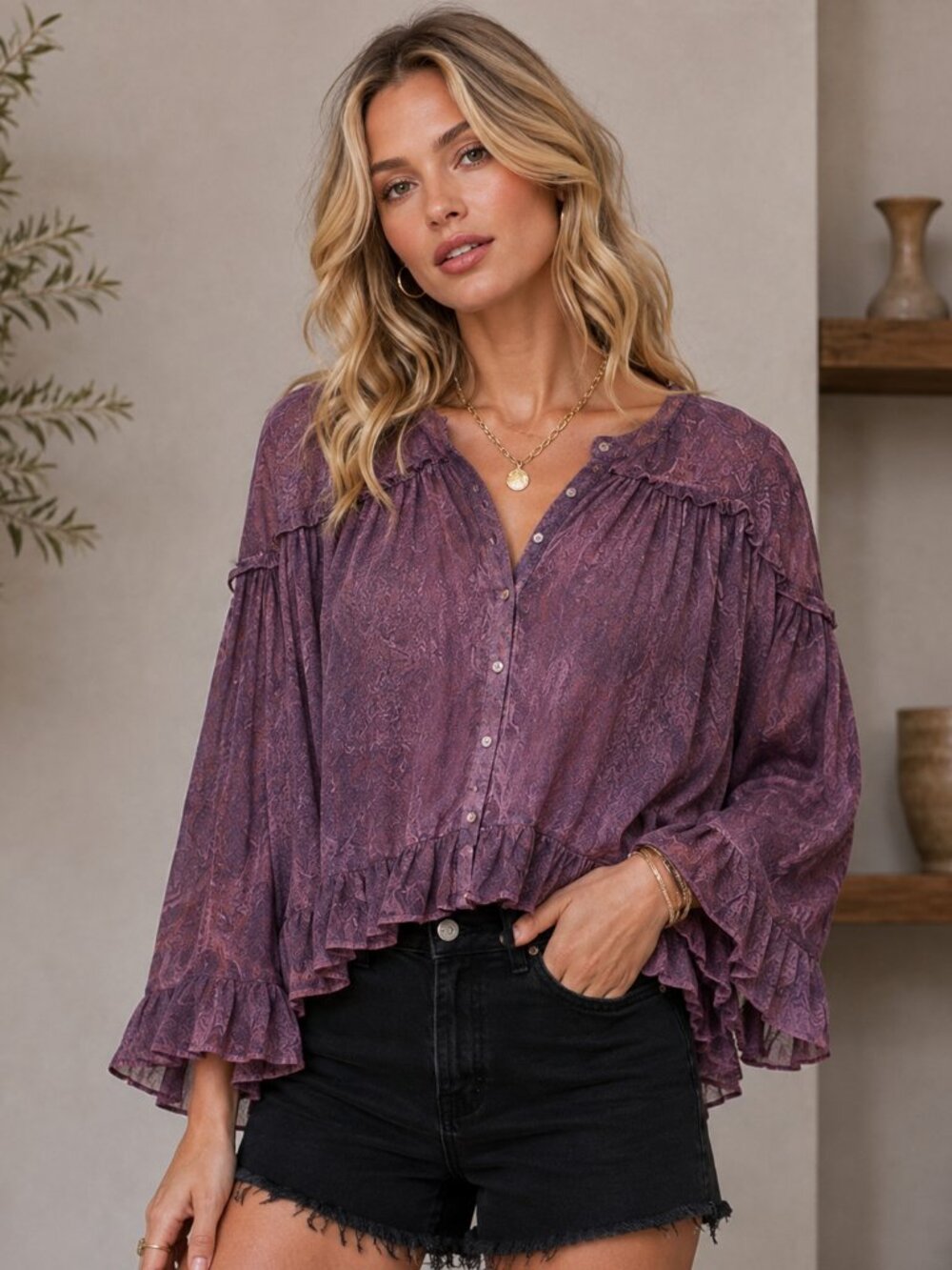 298. Women's Mulberry Ruffled Button-Front Sheer Boho Top